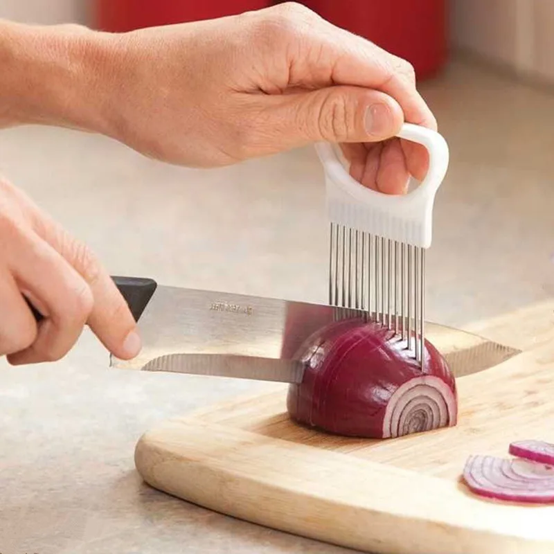 

Stainless Steel Onion Slicer Tomato Vegetable Holder Cutter Multifunctional Cutting Aid Guide Holder Slicing Cutter Gadget