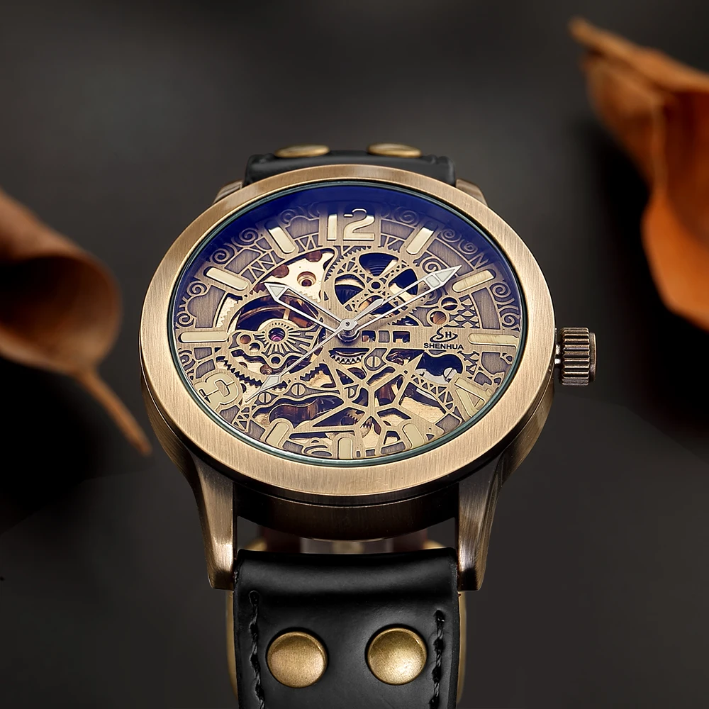 Shenhua стиль выдалбливают люксовый бренд для мужчин Ретро Бронзовый стимпанк Автоматический Скелет кожа Спорт механические наручные часы