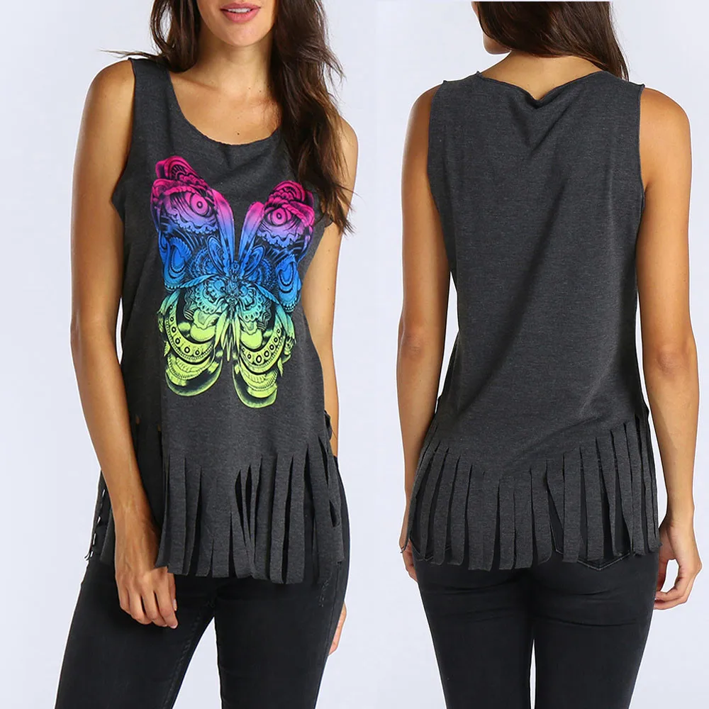 

Fashion Diamonds Butterfly Printed T Shirt Women V-neck Sleeveless Vest Tops Hollow Out Back T-shirt Female Clothes Black SJ425M