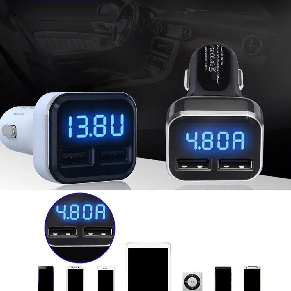 Универсальное зарядное устройство для мобильного телефона, двойной USB, автомобильное зарядное устройство 4.8A, адаптер, светодиодный дисплей, быстрая зарядка для iPhone, samsung