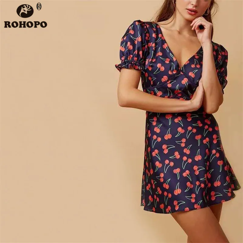 

ROHOPO Female Cherry Printed Chic Mini Party Dress Butterfly Short Sleeve Ruffles Backless Sexy Mini Vestido Black Pink #UK9003