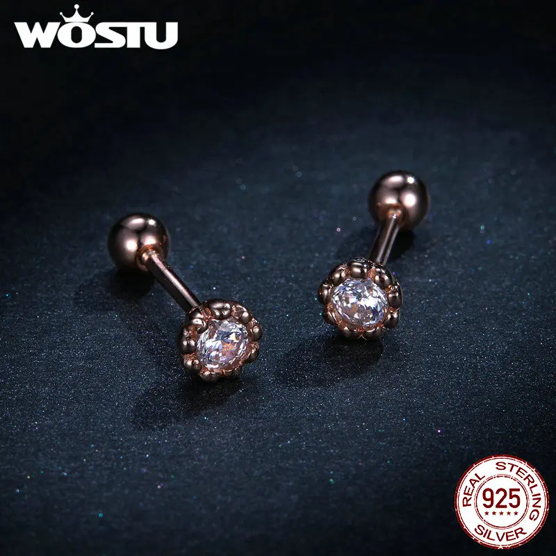 WOSTU S925 Циркон Нежная роза золотой цвет серьги гвоздики Настоящее 925 пробы Серебряные Серьги Горячая Мода ювелирные изделия подарок CTE219