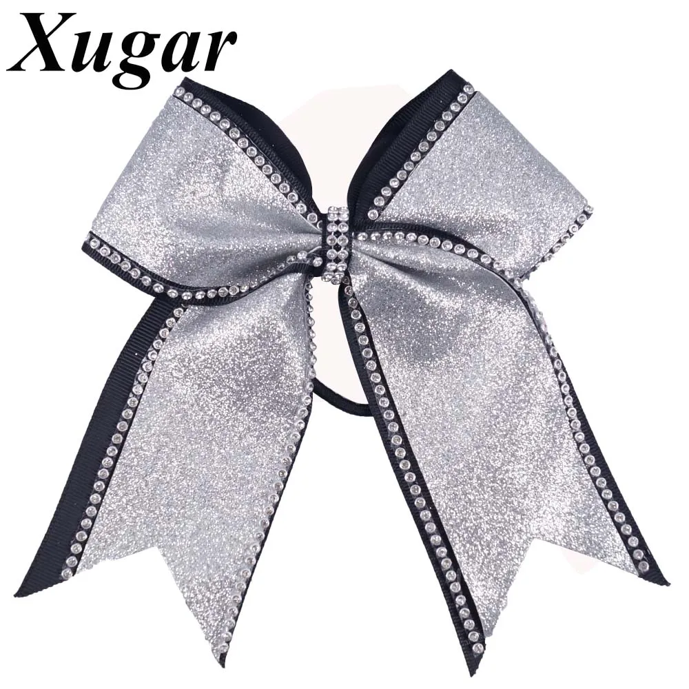 

8" Boutique Rhinestones Solid Glitter Cheerleading Bow With Elastic Band Cheer Bows For Sweet Girls Hair Accessories
