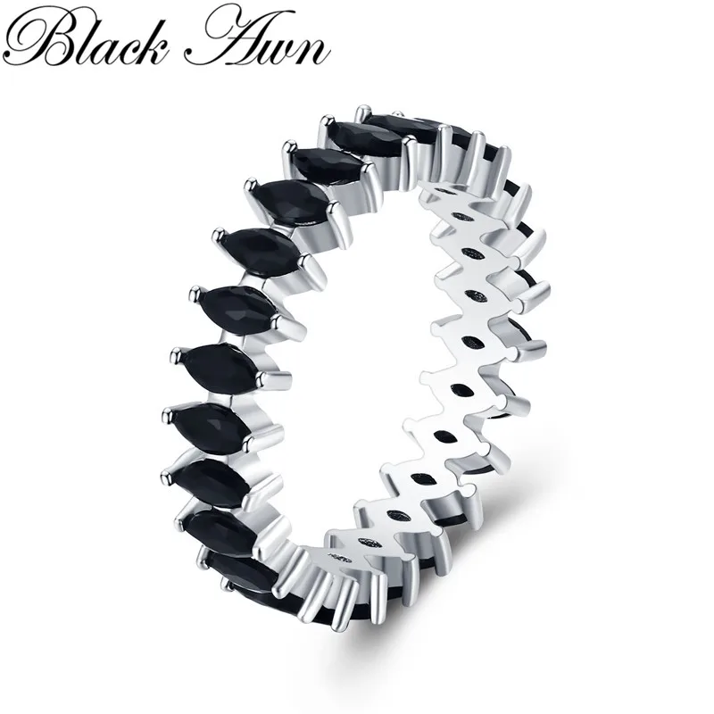 

Trendy 3.2g 925 Sterling Silver Fine Jewelry Baguet Row Engagement Black Spinel Wedding Rings for Women G018