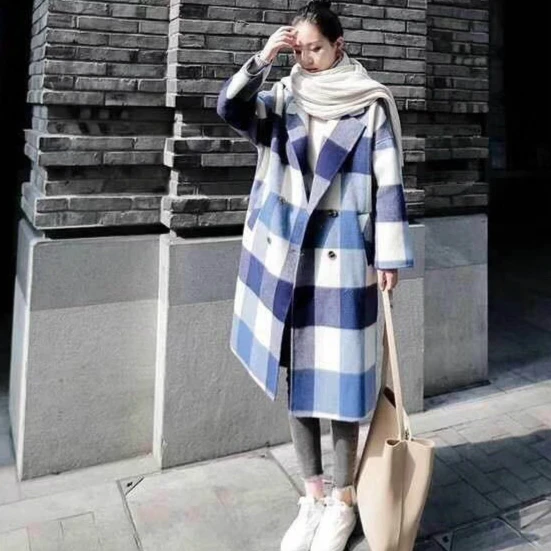 High Grade Women Wool Coat Female Autumn Winter Long Plaid Woolen Overcoat 2018 New Arrivals