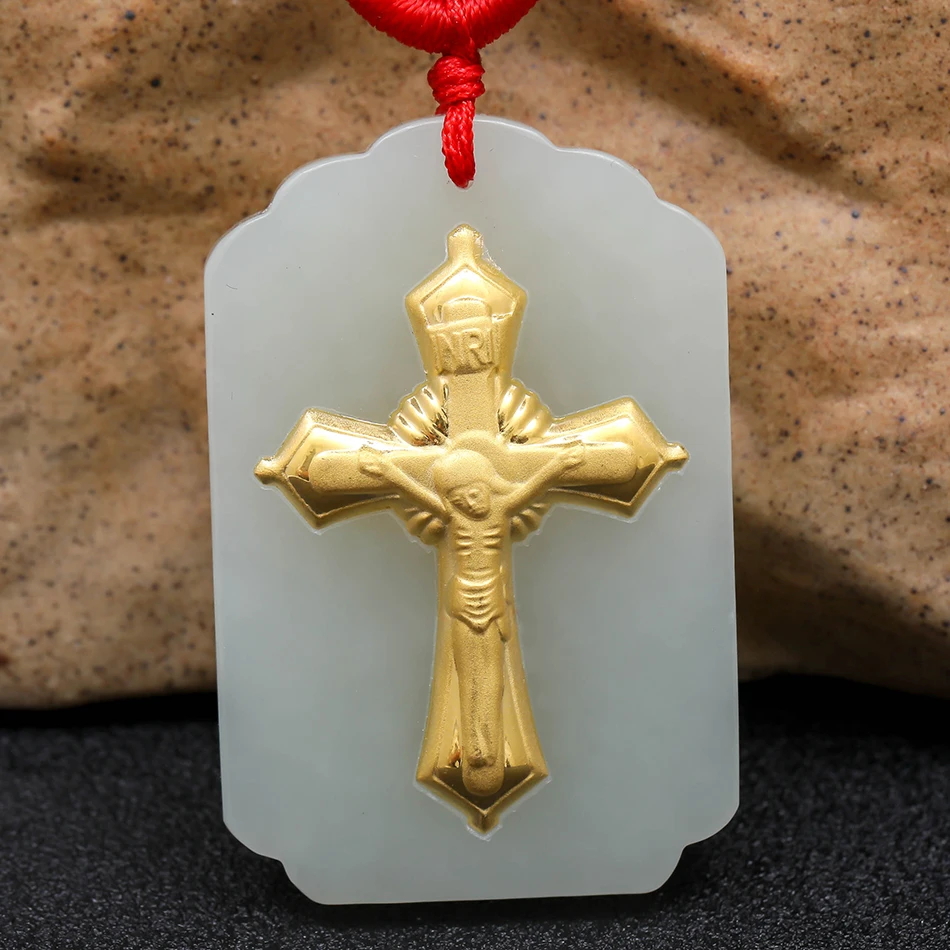 Gift Hetian Jade Cross Pendant 3d three dimensional Pattern Gold Jade