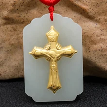 

Gift Hetian Jade Cross Pendant 3d three-dimensional Pattern Gold Jade Pendant Necklace Fashion Jewelry Jade Couple Models 8688