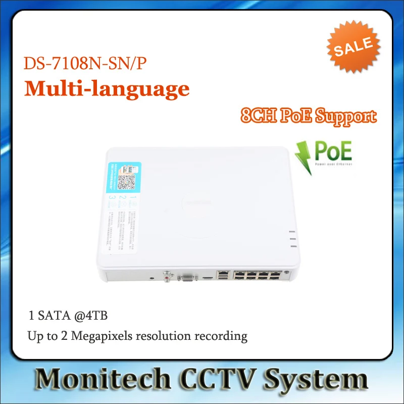HIK Multi-language Mini NVR DS-7108N-SN/P 8CH PoE NVR For HD IP Camera with 8 Independent PoE P2P Surveillance Video Recorder