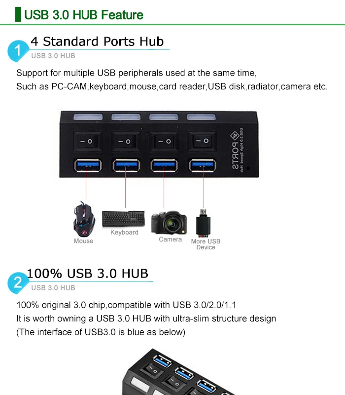 USB 3,0 концентратор несколько USB разветвитель 4/7 порт расширитель Мульти USB Hab с адаптером питания переключатель высокоскоростной концентратор 3,0 для ПК