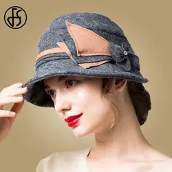 FS женский шерсть фетр шляпа зима шапки для женщин Элегантный Цветок Складной фетровая шляпа с широкими полями серый чёрный; коричневый