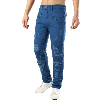 

Mens Hole Casual Fake Double Denim Pants Personality Slim Ripped Jeans Male Patched Beggar Elasticity Destroyed Jeans Trousers