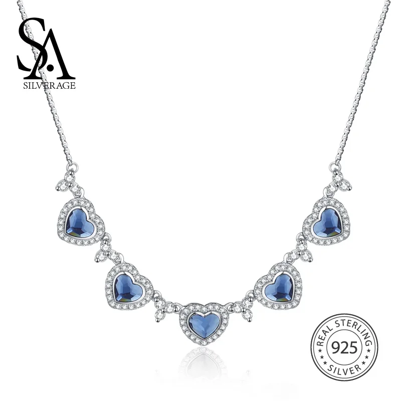 

SA SILVERAGE 925 Sterling Silver Statement Necklace & Pendants Blue Crystal Heart Pendant Chain Necklaces For Women Fine Jewelry