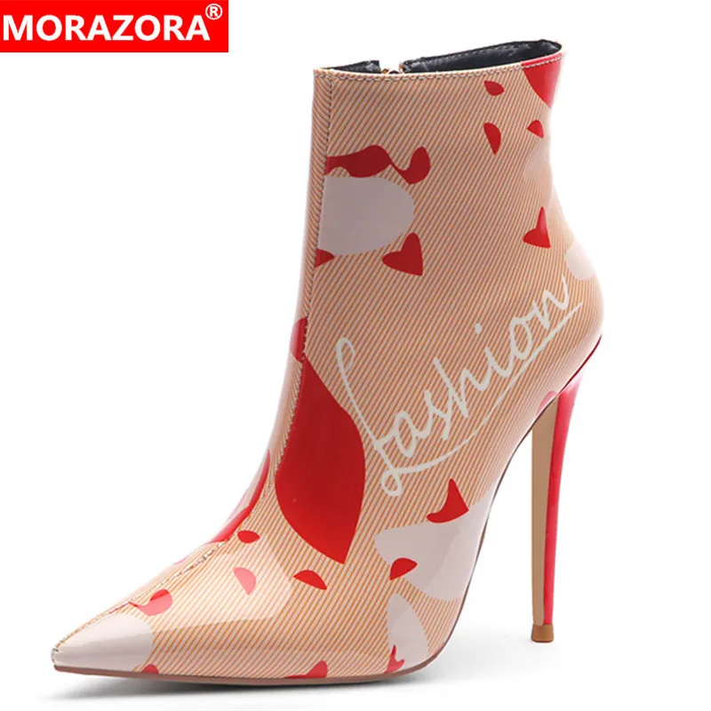 

MORAZORA 2019 new arrival women ankle boots pointed toe Graffiti high heels boots zipper autumn winter party prom shoes woman