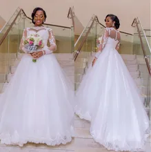 Custom Made Plus Size A Line White Tulle Lace Applique Sheer Long Sleeve Plus Size Wedding Dresses Bridal vestido de noiva