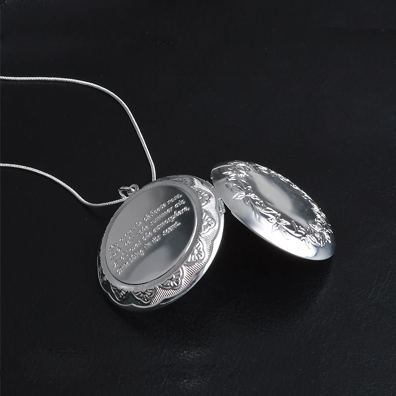 Retro Vintage 925 Sterling Silver Needle Carved Flower Round Pendant Necklace Can Put Photo For Lovers Women Best Gift