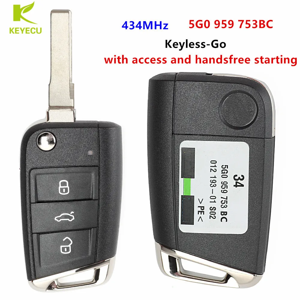 

KEYECU Replacement 3 Button Keyless-Go Flip Remote Key Fob 434MHz ID48 for Volkswagen MQB Golf VII MK7,for Skoda Octavia A7 2017