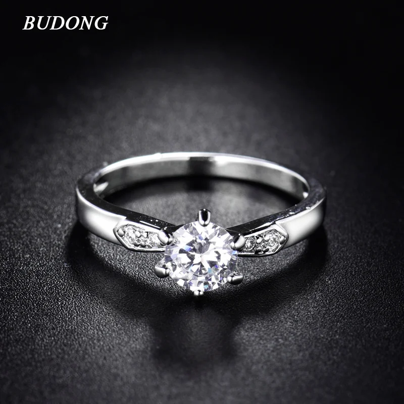 

BUDONG 2017 Fashion Wedding Finger Rings for Women Silver Color Ring Round Prong Crystal Cubic Zirconia Statement Ring XUR108