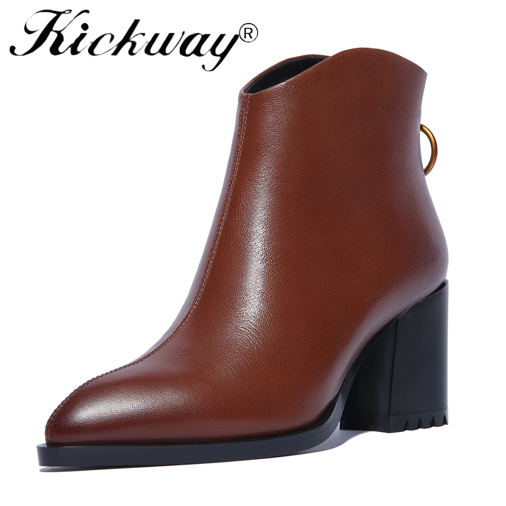 

Kickway Women Boots Ankle Boots 2018 Winter Shoes Fur Chunky Heel Women's Boots Zipper Pointed Toe Brand Woman Botas Plus Size42
