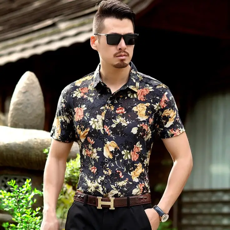 Men's Summer Floral Short Sleeve Dress Shirt Men Fashion Silk Shirt ...