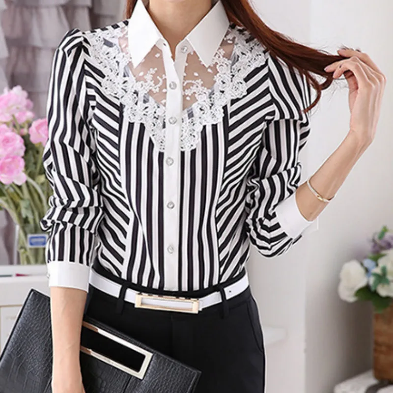 

Long Sleeve Lace Tops Striped Women Spring Autumn Turn-Down Collar OL Official Female Blouses