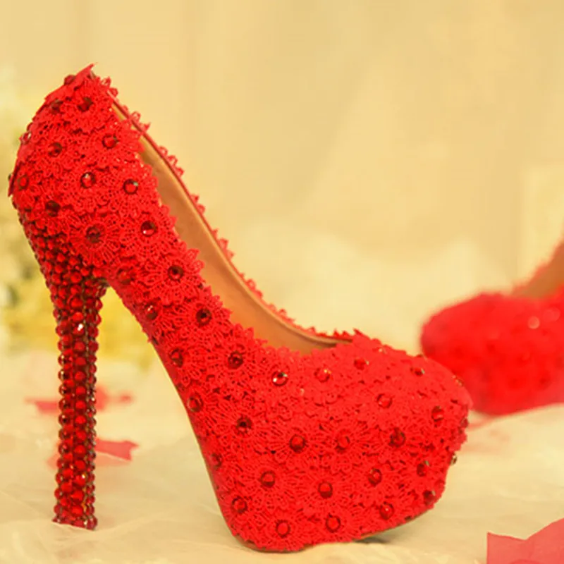 

Wedding Shoes Women Pearl Ultra High Heels Diamond Genuine Leather Platform Pumps Red White Pink Lace Bridal Shoes Big Size 43