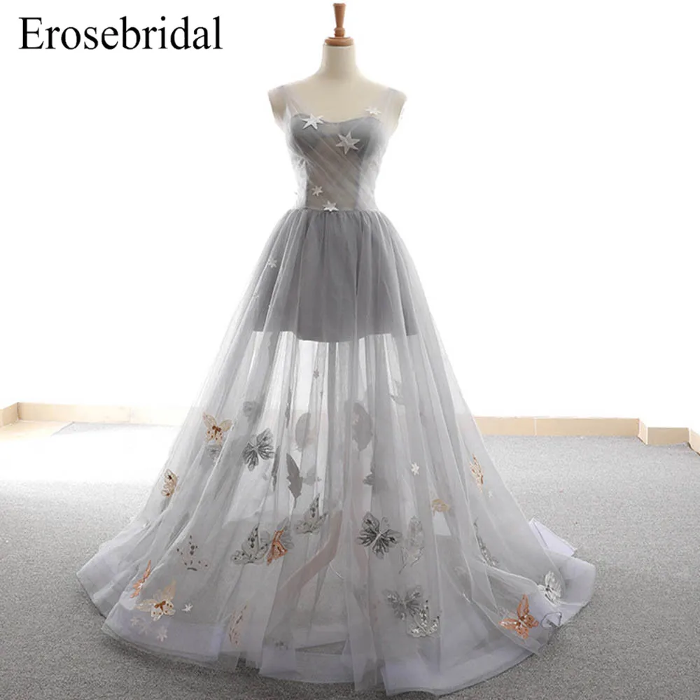 Simple Tulle Grey 2019 Evening Dress Long A Line Sexy Illusion Bodice Elegant robe de soiree Lace Up Back Vestido De Festa Simple Tulle Grey 2019 Evening Dress Long A Line Sexy Illusion Bodice Elegant robe de soiree Lace Up Back Vestido De Festa