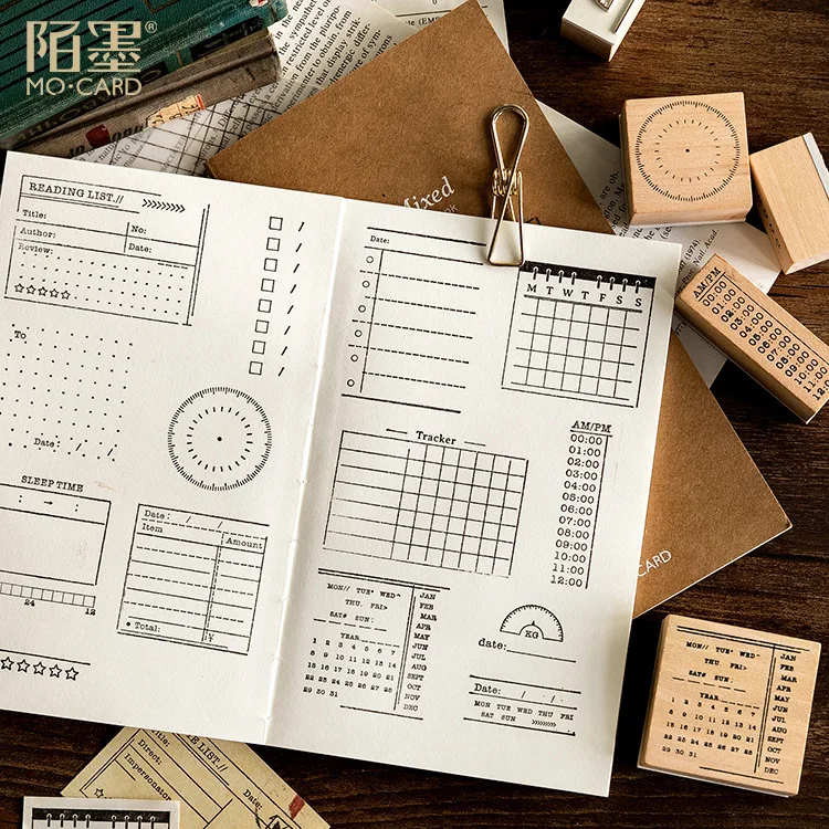 

18 styles Creative calendar/date/week plan/to do/point retro wood and rubber seal log rubber stamp decorative dairy planner book