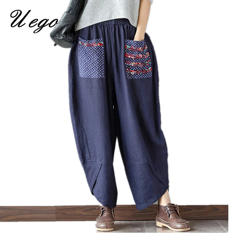 2017 Fashion Loose Wide Leg Pants Vintage Patchwork Pockets Cross-pants Cotton Linen Casual Capris Pants Hip-hop Novelty Pants