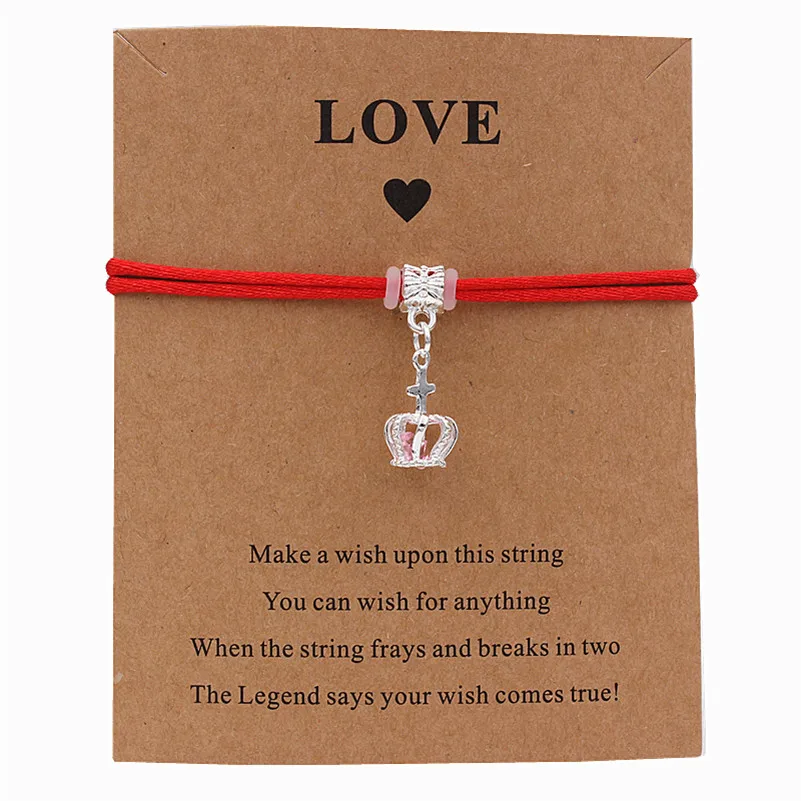 

Pink Crown Charm Bracelet Friendship Inspirational Gift Red Thread Adjustable Wish Bracelets Women Men Kids Jewelry
