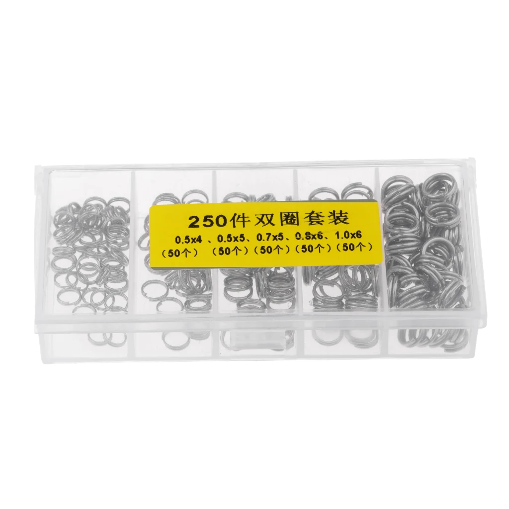 250pcs Assorted Double Split Rings Set Stainless Steel Fishing Tackle Lure Connector with Tackle Box Senuelos de pesca