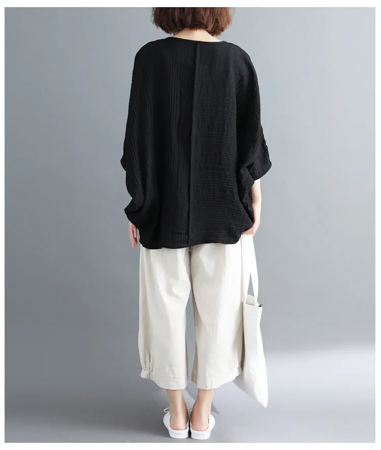 LZJN Summer Women Fashion Shirt Solid White Black Color Oversize Loose Tops Batwing Sleeve Casual Cotton Linen Blouse Plus Size (19)