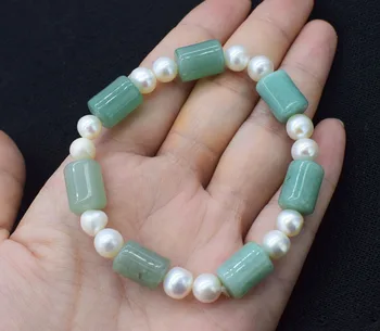 

green jade pillar frershwater pearl near round 8-9mm bracelet 8inch FPPJ wholesale beads nature gemstone