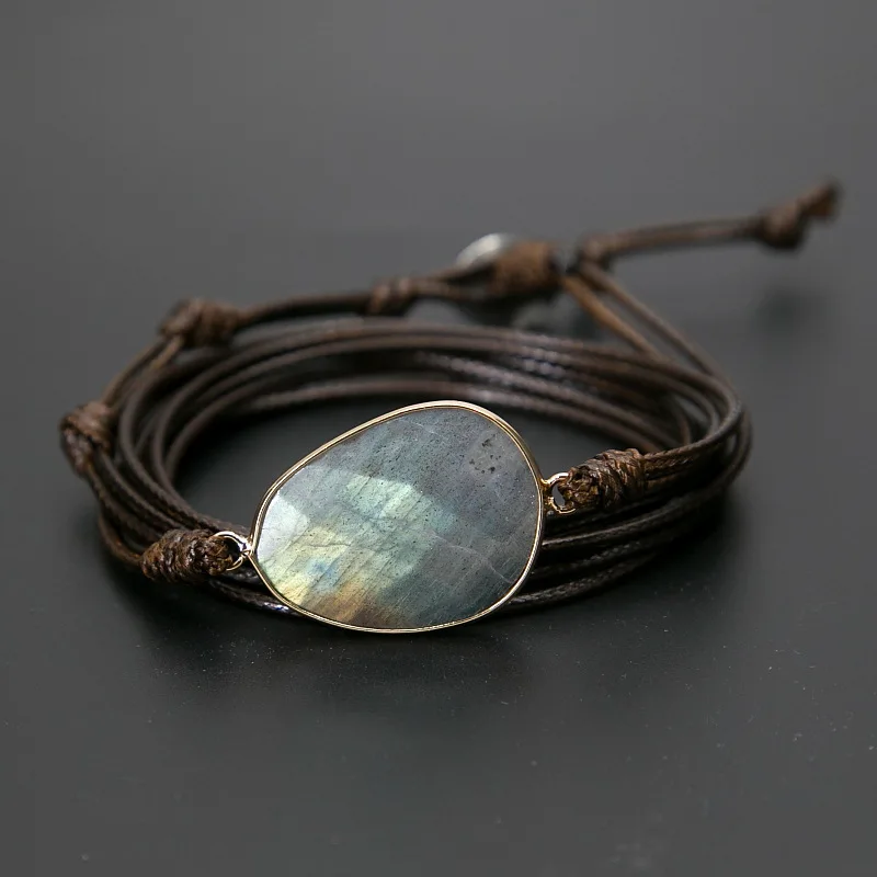 

Natural Stones Labradorite Charm Rope Wrap Bracelet Boho Long Friendship Moonstone Bracelet Unique Handmade Drop shipping