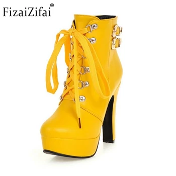 

Autumn Winter Women Round Toe Ankle Boots High Heels Lace Up Shoes Double Buckle Platform Short Cool Booties Size 33-43