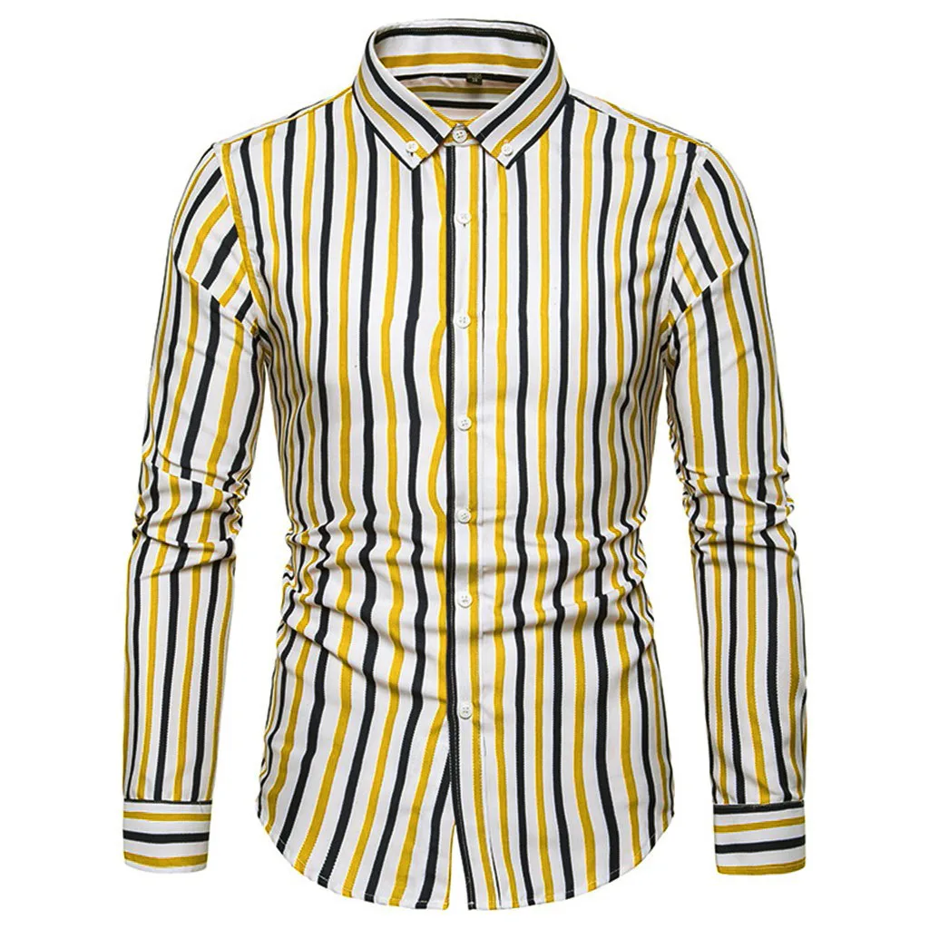 

Men Shirt Long Sleeve Spring Summer Fashion Striped Slim Fit Social Business Dress Shirt Turn Down Collar Buttons Camisas Hombre