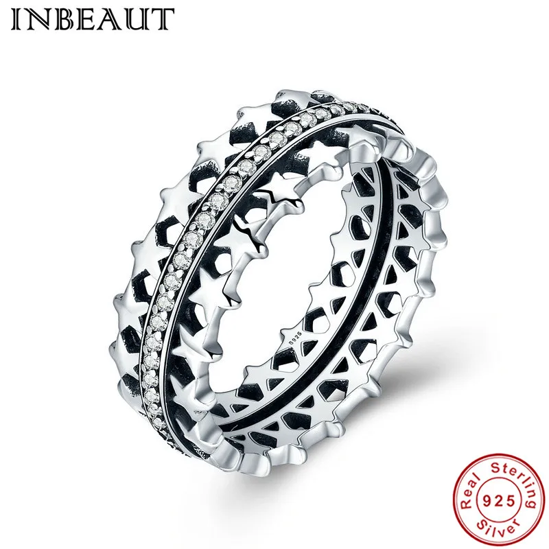 

inbeaut Real 925 Sterling Silver Clear CZ Pave Star Stackable Ring for Women Luxuruiou Retro S925 Statement Rings Anniversary