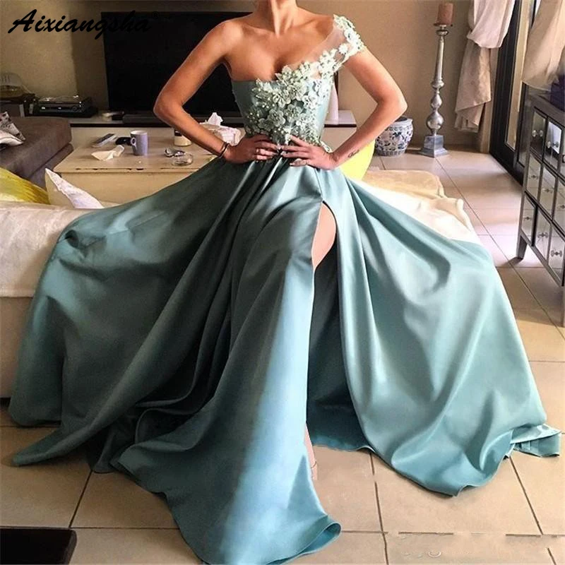 

Blue Evening Dress 2019 One Shoulder A Line Side Split Abendkleider abiye Sexy Long Evening Gowns Prom Appliques Robe De Soiree