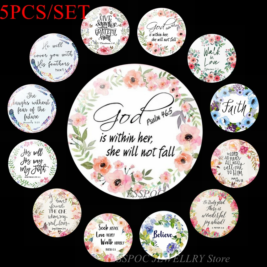 

5PCS/SET Bible Verse Jewelry God Is Within Her, Faith 25mm Glass Cabochon Making Pendant Accessories Men Women Christian Gifts
