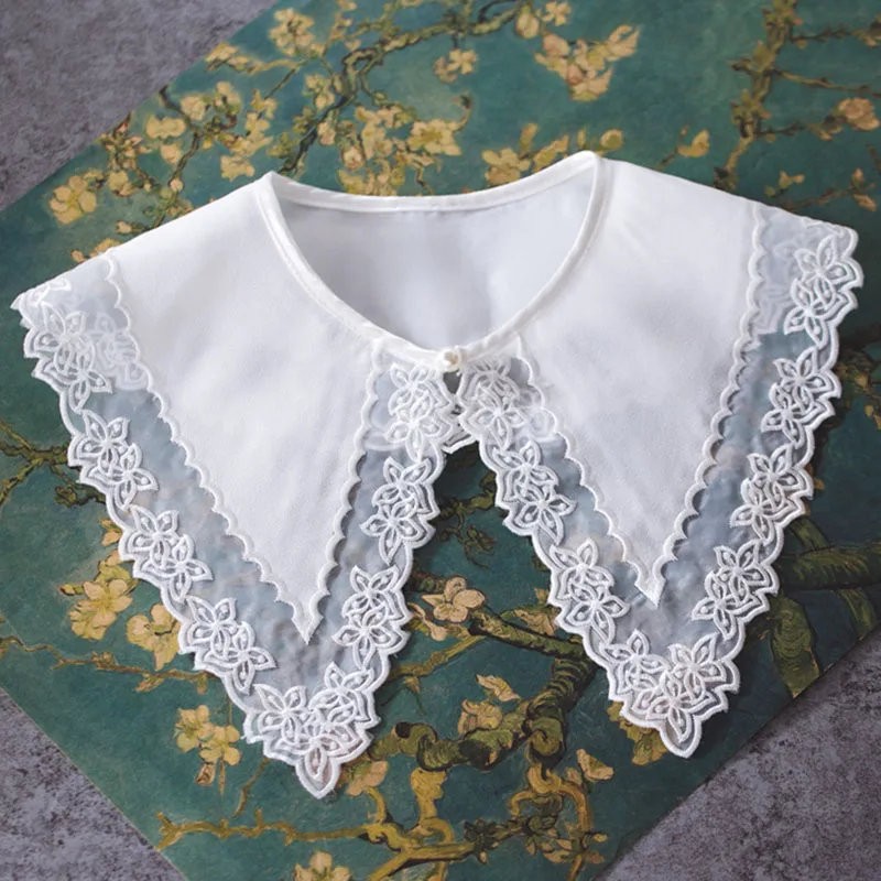 Women Large Pointed Collar White Chiffon Embroidery Fake Collars ...