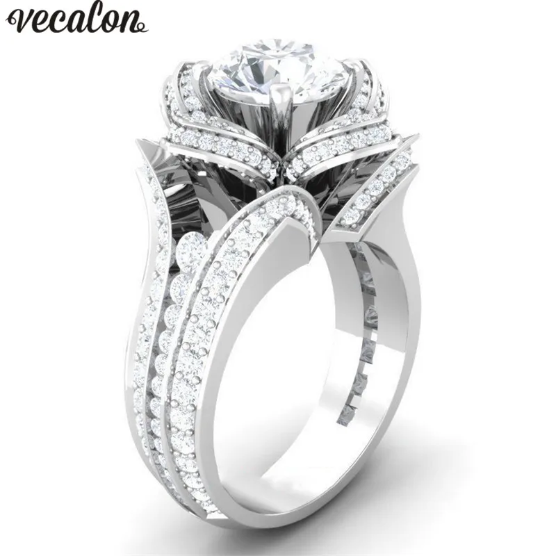 

Vecalon 2 colors Birthstones Flower ring Silver color crystal Cz Engagement wedding band ring For women Bridal Jewelry