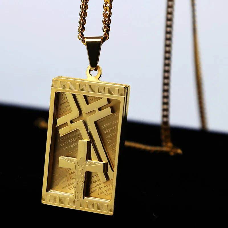 Men's Pendant Necklace Stainless Steel Cross Square Jesus Cross Pendant