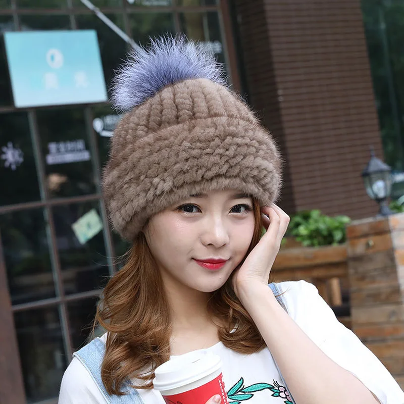 

ZDFURS*Hot sale real mink fur hat for women winter knitted mink fur beanies cap with fox fur pom poms brand new thick female cap