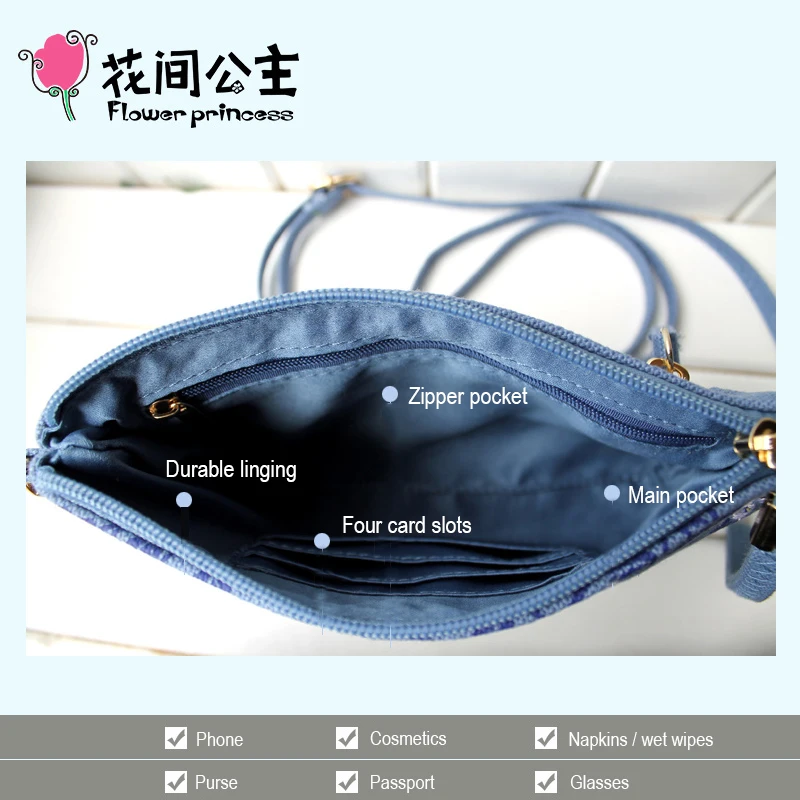  Flower Princess Embroidery Handbags Women Summer Small Messenger Bag Girl Retro Canvas Clutch Bag F - 32990955127