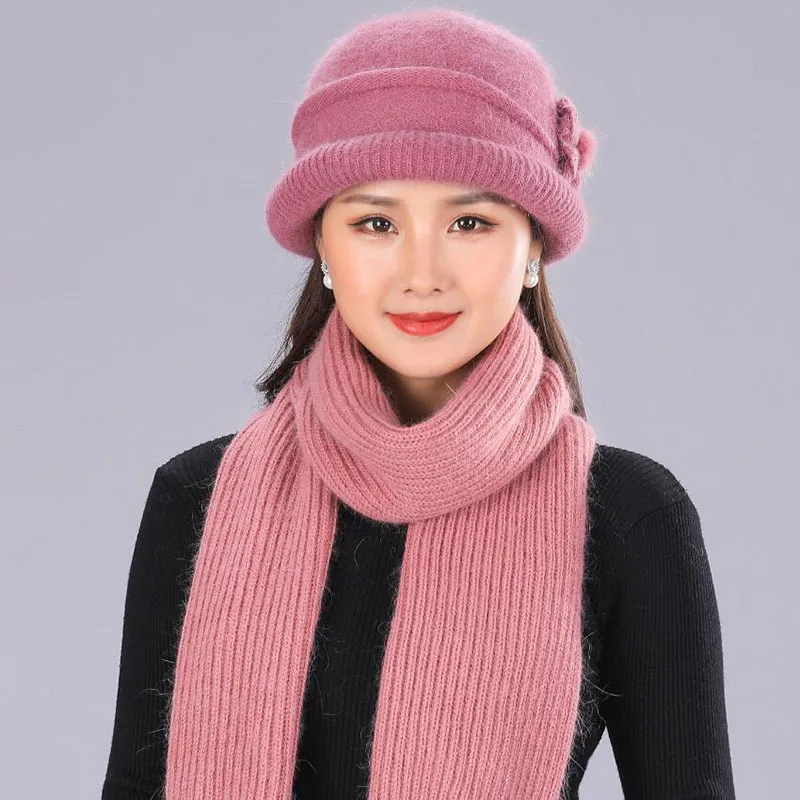 Ymsaid, Новое поступление, модная теплая шапка, шарф для женщин, зимняя шапка из кроличьей шерсти, теплая вязаная зимняя Вельветовая шапка для мамы, шарф, 2 шт