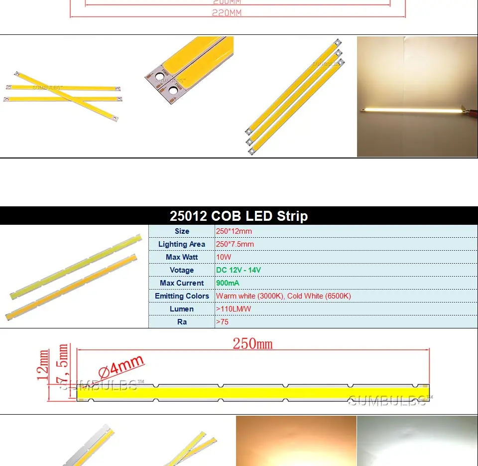 DC12V COB LED Strip Light Source 5W 10W 20W 50W 200W 300W LED Bulb White Blue Red Flip Chip COB Lamp DIY House Car Lighting 12V (13)