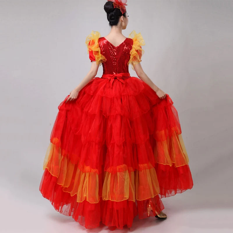 Фламенко платье Для женщин короткий рукав испанский костюм Цыганский костюм для взрослых Испания танцор этап танцевальной одежды показать 360 540 720 юбка DN3578