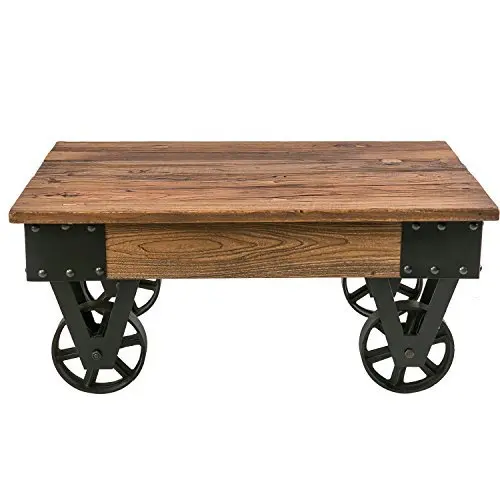 

Rustic Country Coffee Table with Metal Wheels and Storage, TV Cabinet End Table for Living Room Bed Room (Brown)