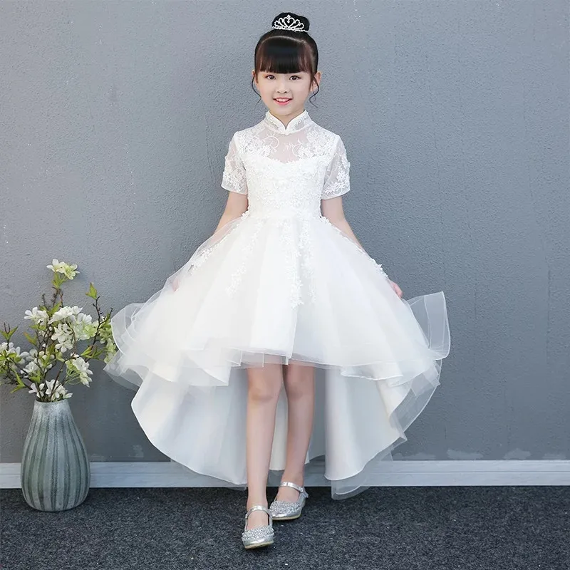 

2018New Children Girls Pure White Color Elegant Lace Flowers Beading Birthday Evening Party Tail Prom Dress Baby Kids Host Dress