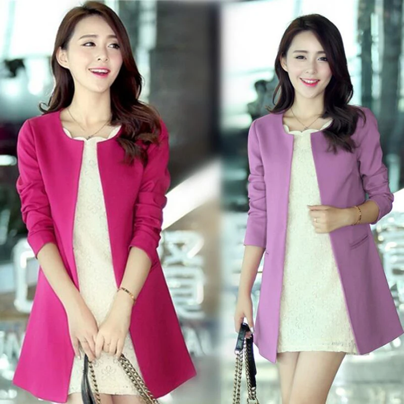 

2017 Fashion Women Long Blazer Jackets New Solid Casual Plus Size Coat Blazer Long Sleeve O Neck Blazer 4 Colors