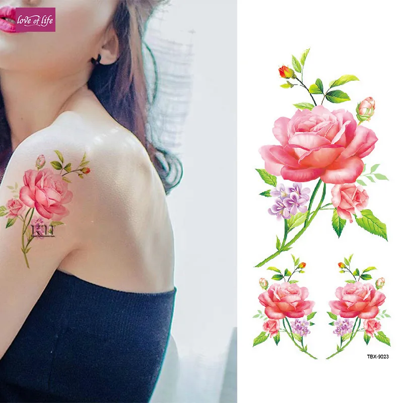 3D реалистичные вишневые цветы розы большие цветы водонепроницаемые Временные татуировки для женщин флэш татуировки руки тату наклейки на плечо - Цвет: TBX9023